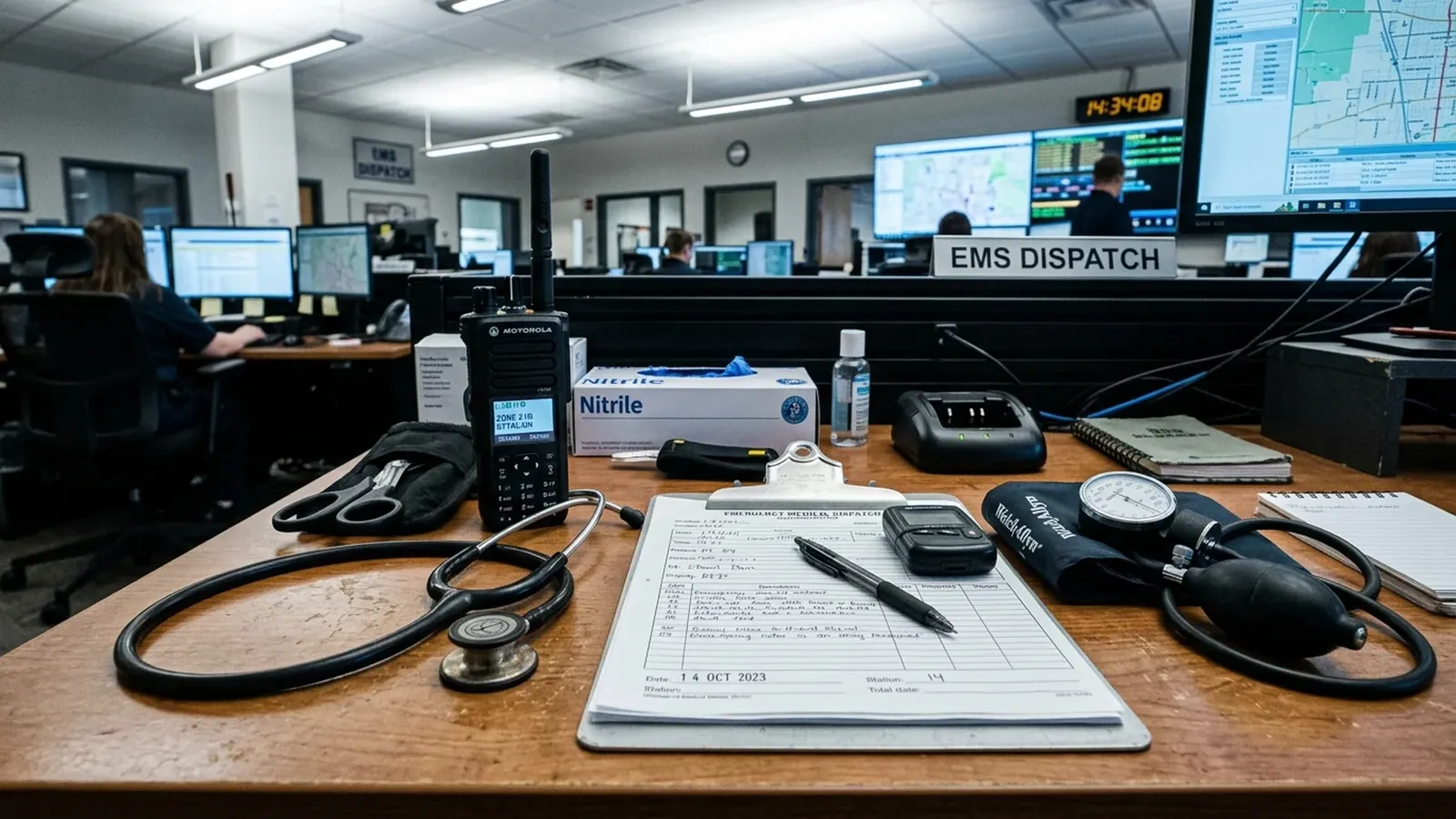 Estetoscopio médico, equipo de radiocomunicación portátil, planilla de guardia de emergencias y tensiómetro sobre escritorio con monitores de despacho al fondo.