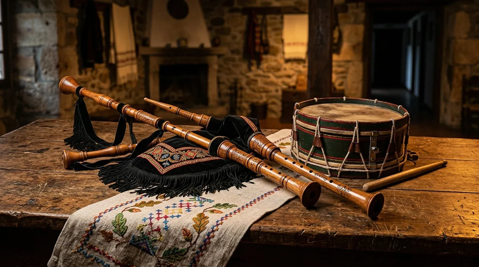 Gaita tradicional asturiana y tamboril sobre mesa de madera en centro cultural de Lanús.