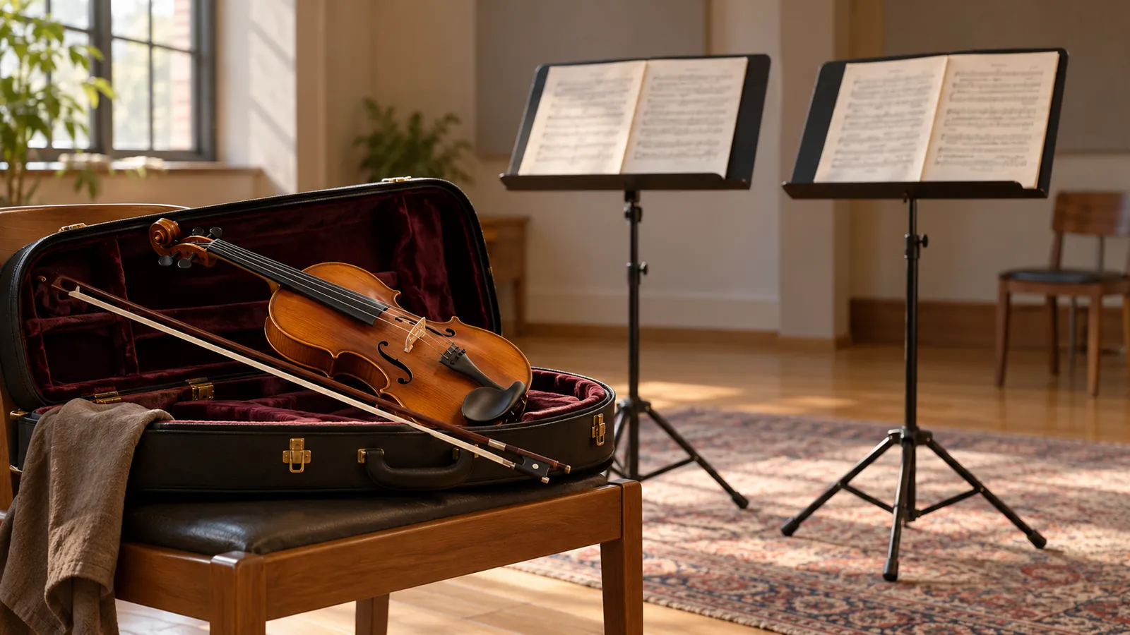 Un violín en su estuche frente a atriles vacíos.