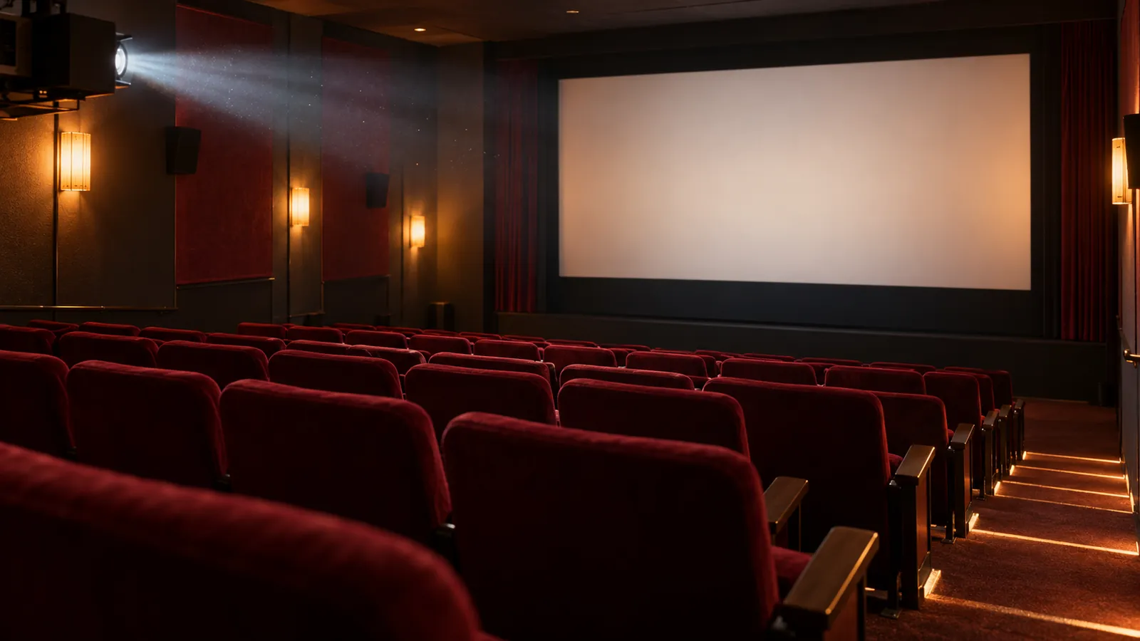 Butacas bordó y pantalla sin proyección en una sala de cine genérica.