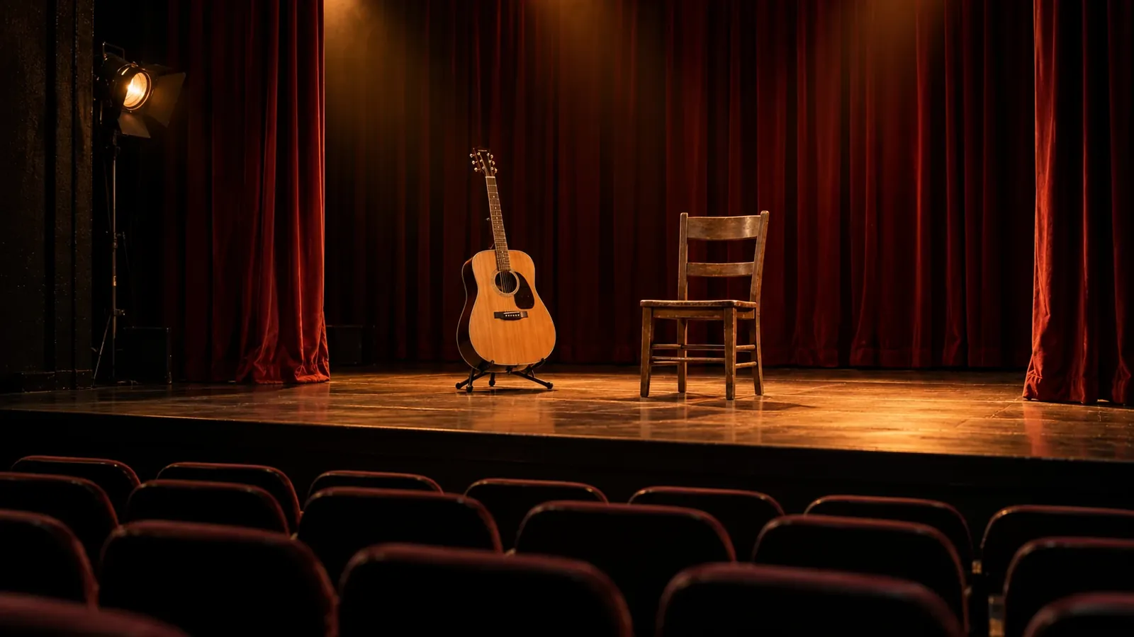 Guitarra y silla sobre un escenario con telón bordó y luz cálida.