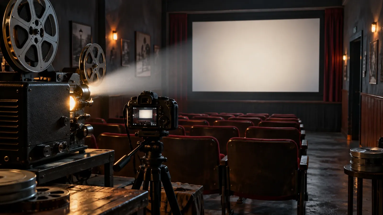 Proyector encendido y cámara sobre una mesa frente a una sala de cine imaginaria.