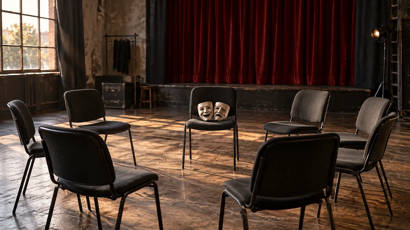 Sillas y máscaras teatrales en un espacio de ensayo.