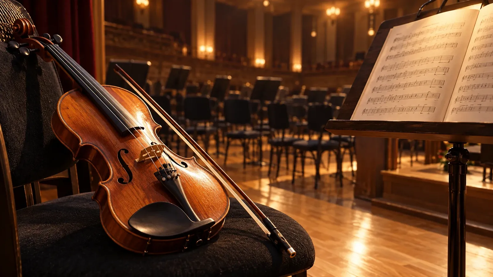 Violín y arco junto a un atril, con sillas vacías de una sala imaginaria al fondo.