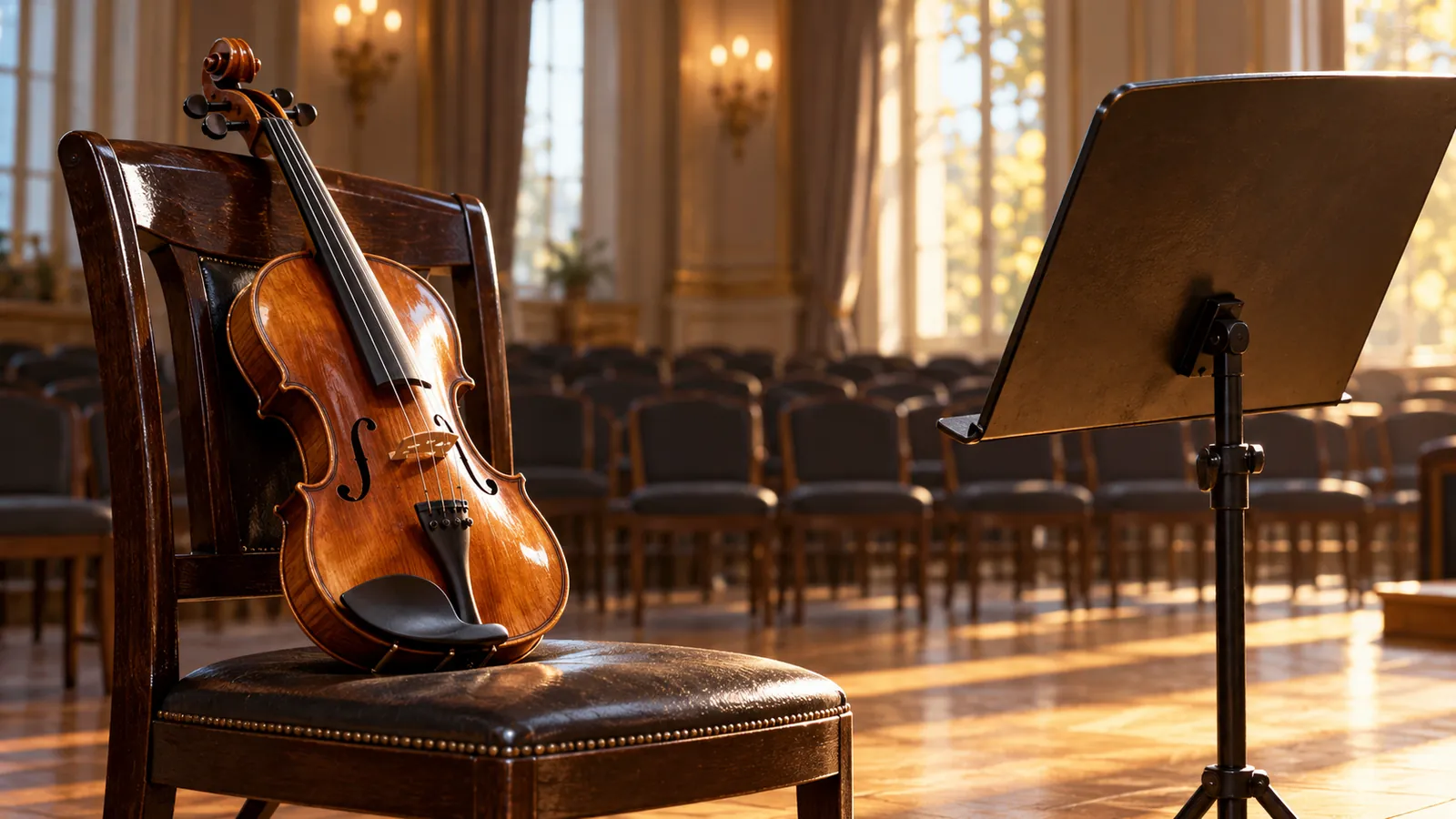 Violín sobre una silla junto a un atril sin partituras legibles, con asientos al fondo