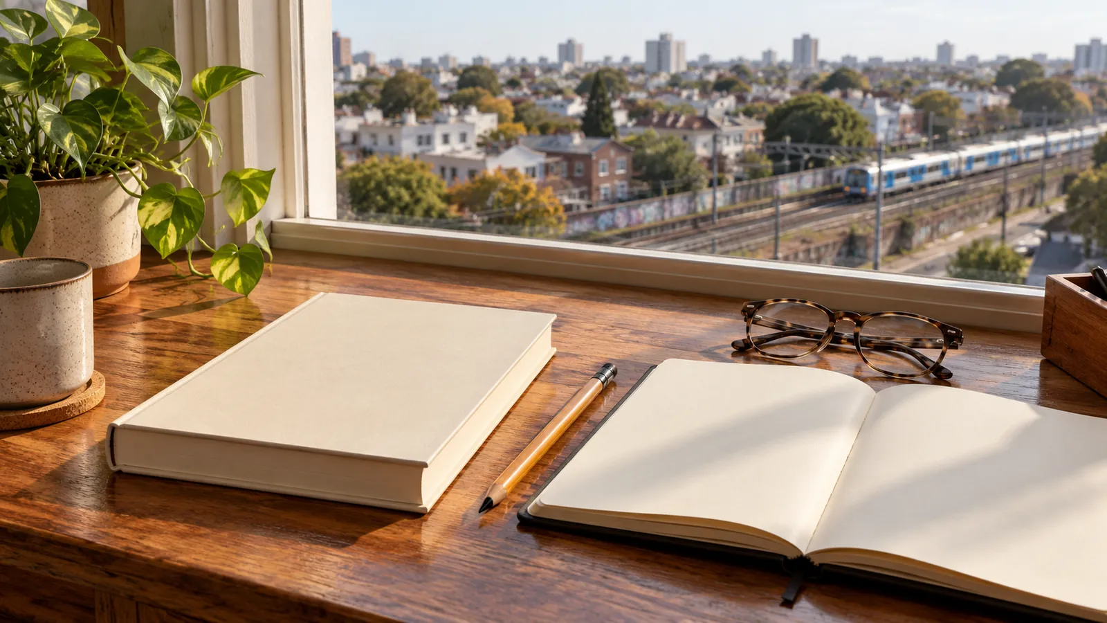 Libro de tapa lisa, cuaderno y anteojos junto a una ventana con un barrio y vías genéricos al fondo.