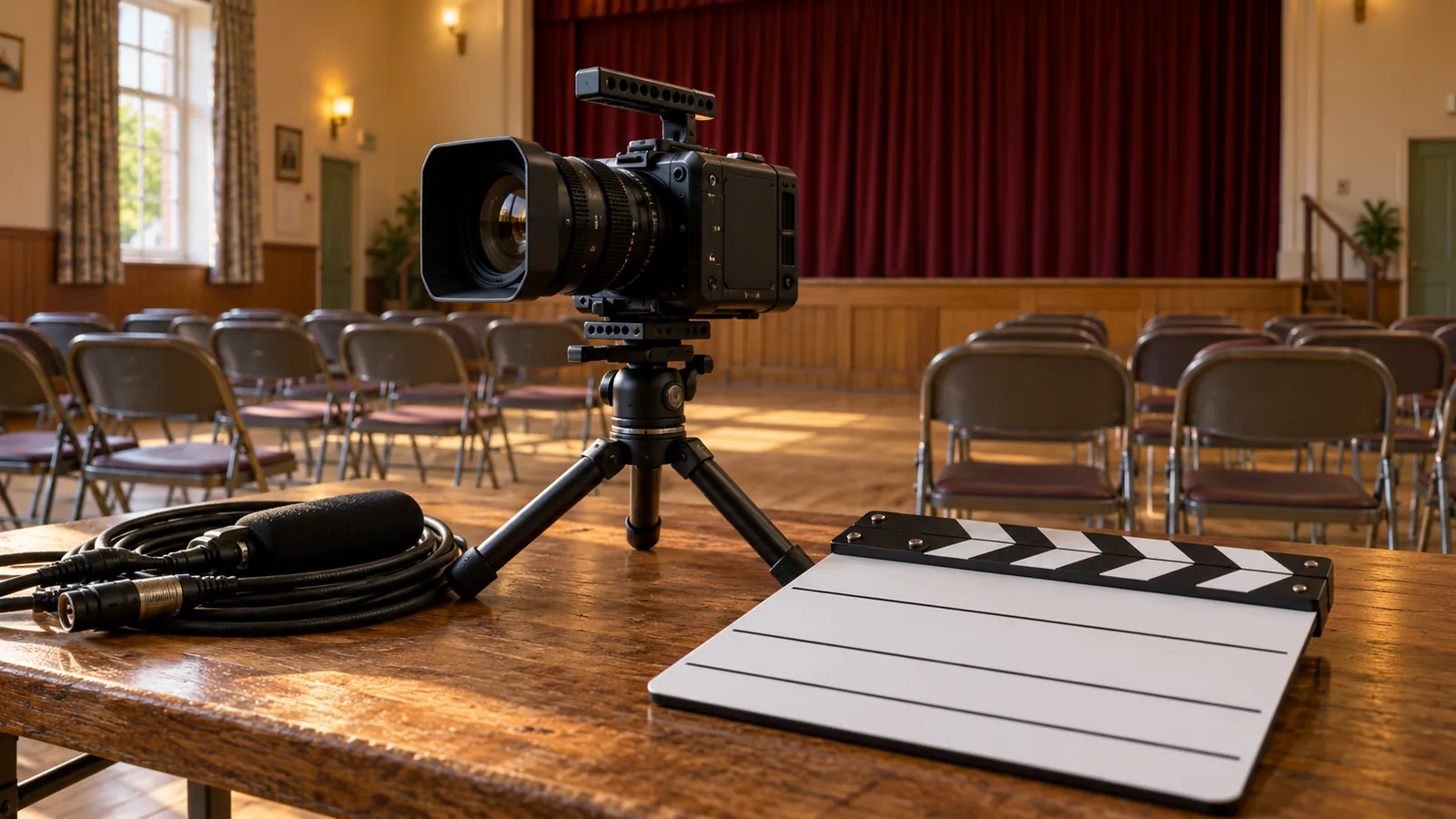 Cámara de cine, cables y claqueta sobre una mesa frente a sillas y un telón