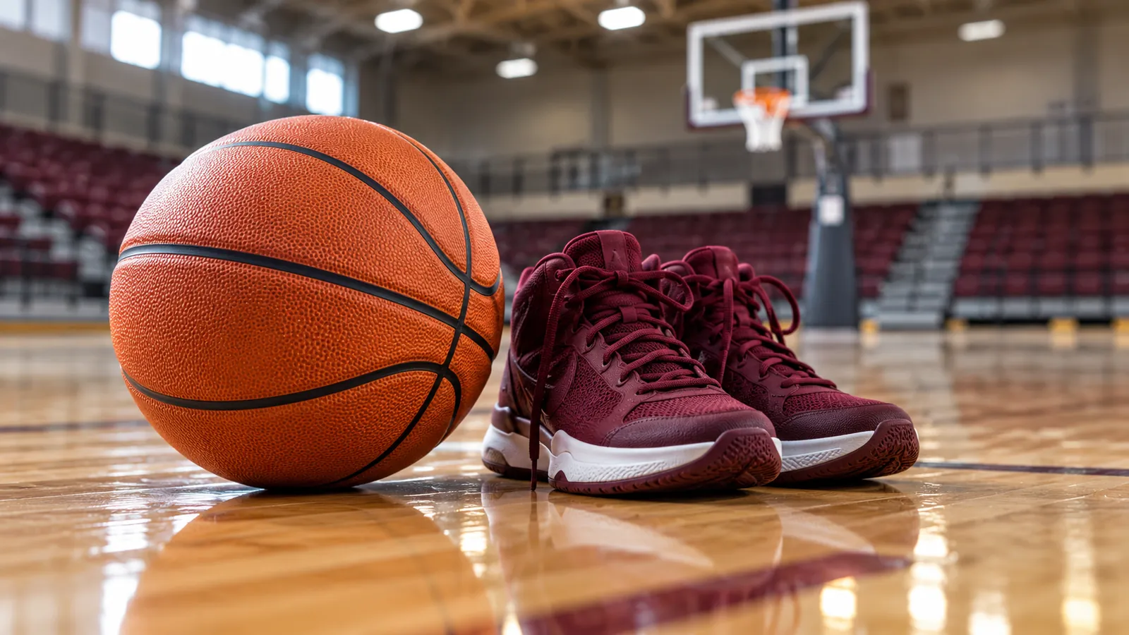 Pelota de básquet y zapatillas granates sobre una cancha cubierta