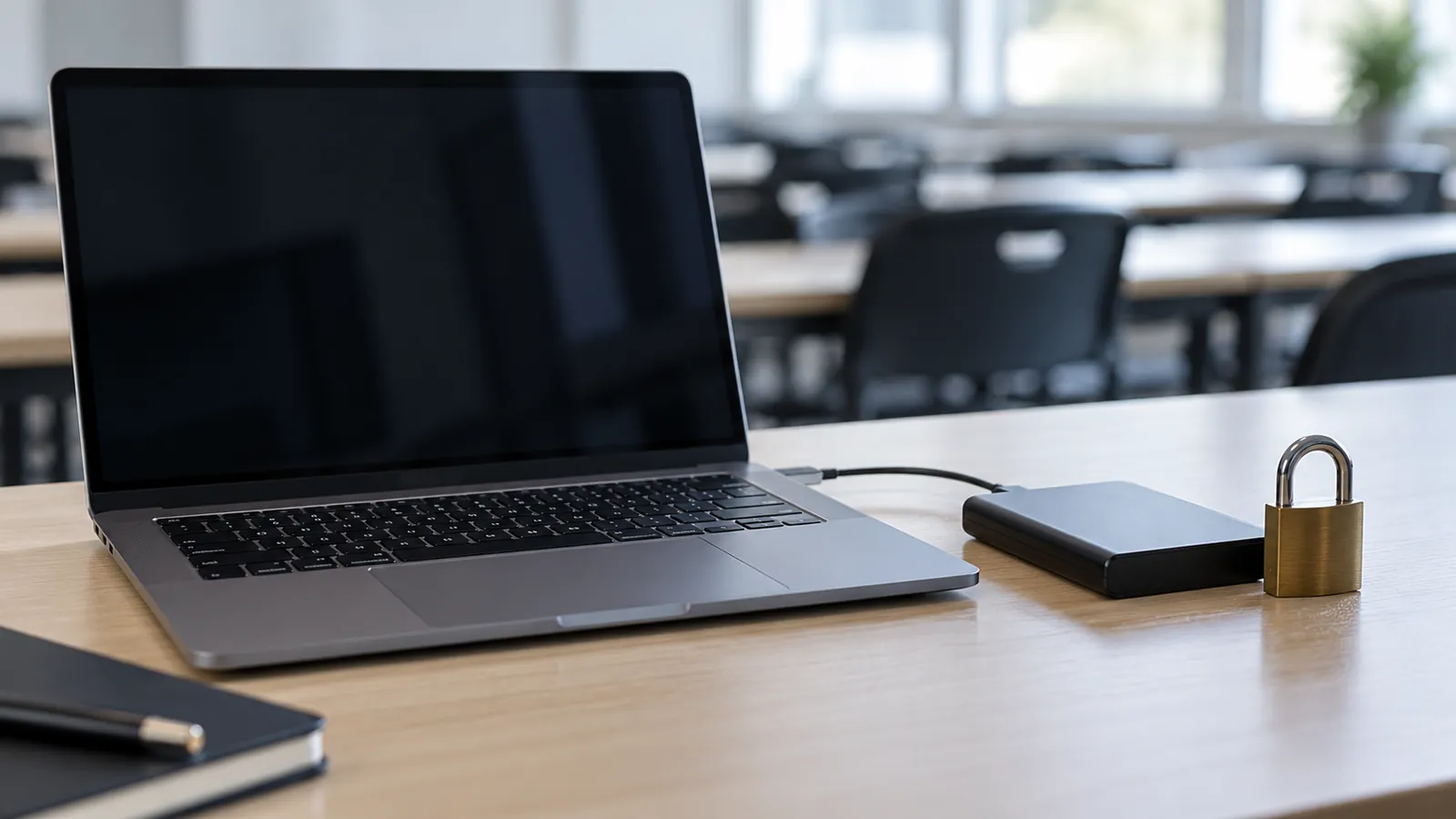 Computadora portátil y disco externo junto a un candado sobre un escritorio