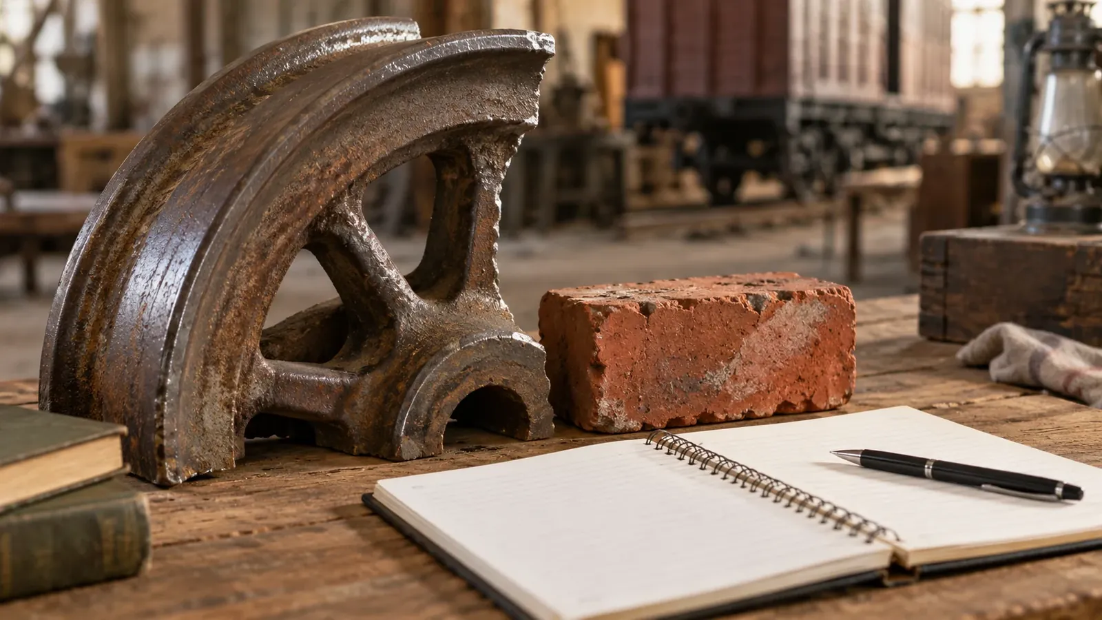 Fragmento de rueda ferroviaria, ladrillo y cuaderno sobre una mesa de trabajo.