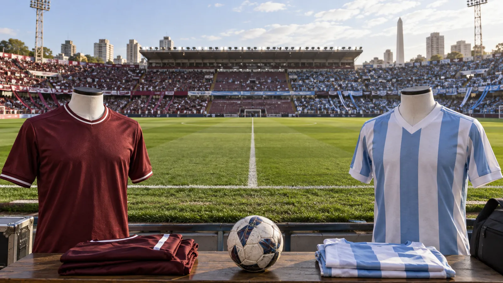 Ilustración conceptual de un partido en un estadio, con hinchas y camisetas genéricas granate y azul y blanco.