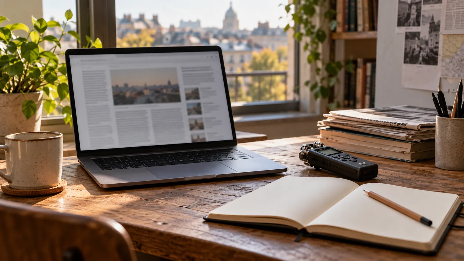Computadora, grabador y cuaderno abierto sobre un escritorio junto a una ventana.