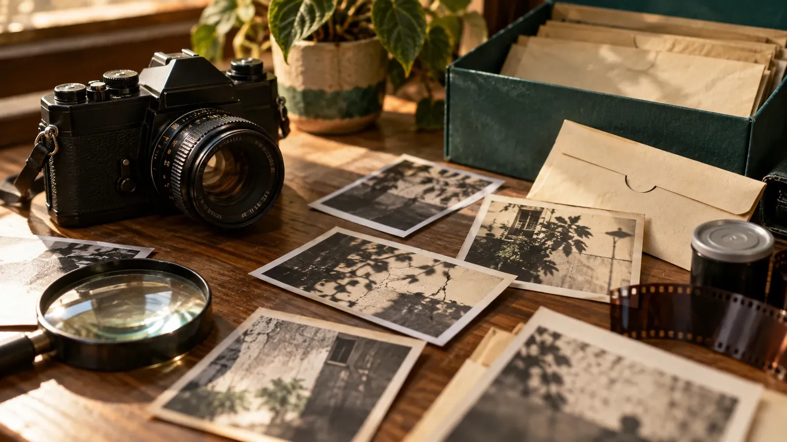 Cámara analógica, sobres, lupa y pequeñas fotografías sobre una mesa de archivo.