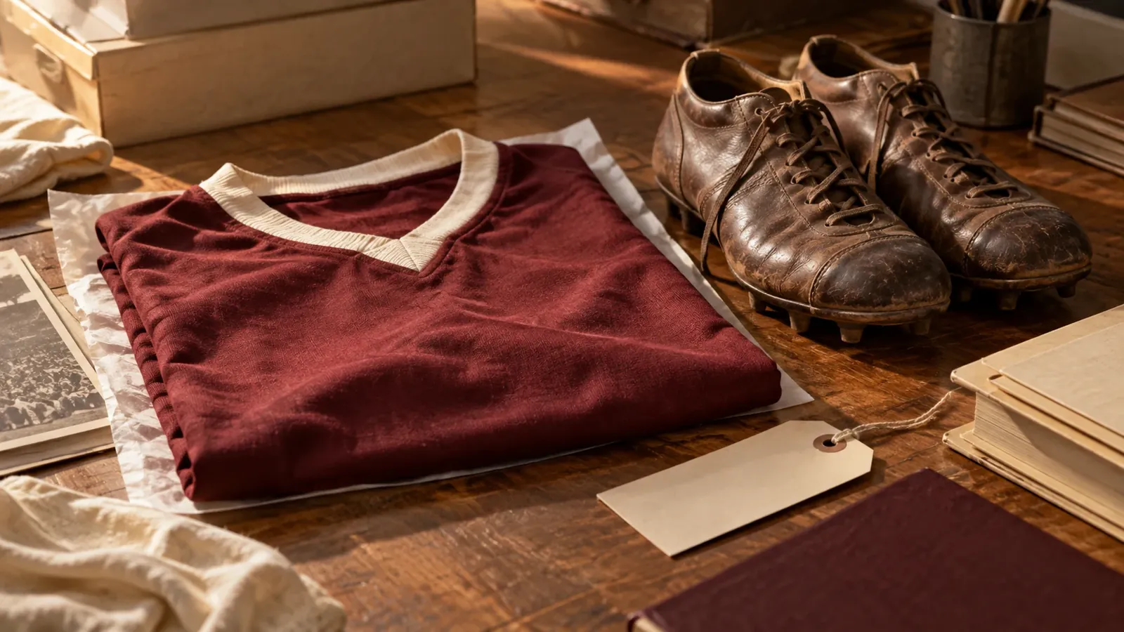 Camiseta granate plegada y botines de cuero sobre una mesa con carpetas.