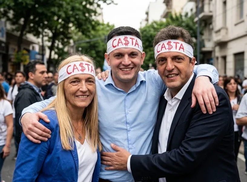 Composición gráfica con Ignacio Moroni, Mariana Ayesa y Sergio Massa con vinchas alusivas a la discusión sobre la casta política.
