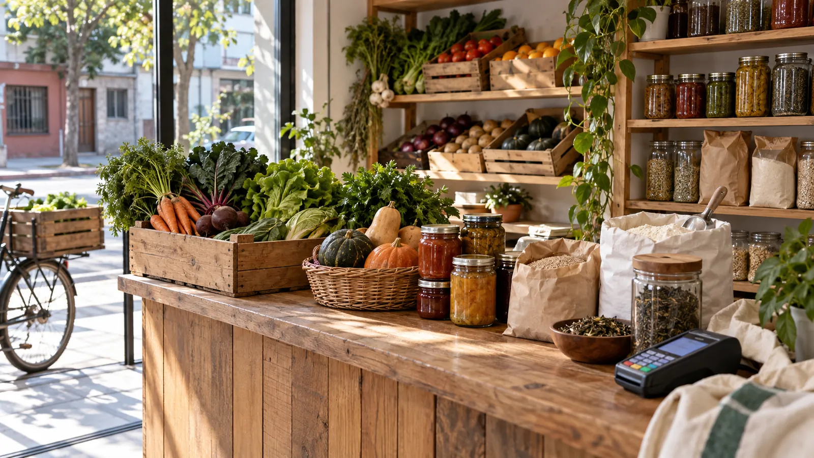 Ilustración conceptual de un pequeño comercio de barrio con frutas, frascos y productos en estantes.