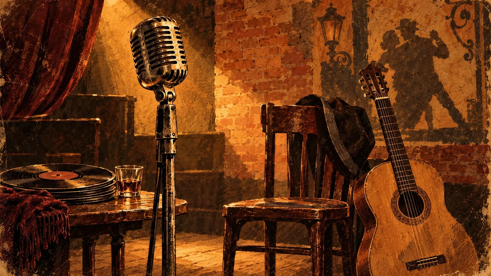 Micrófono antiguo, guitarra y discos junto a una silla en tonos sepia.