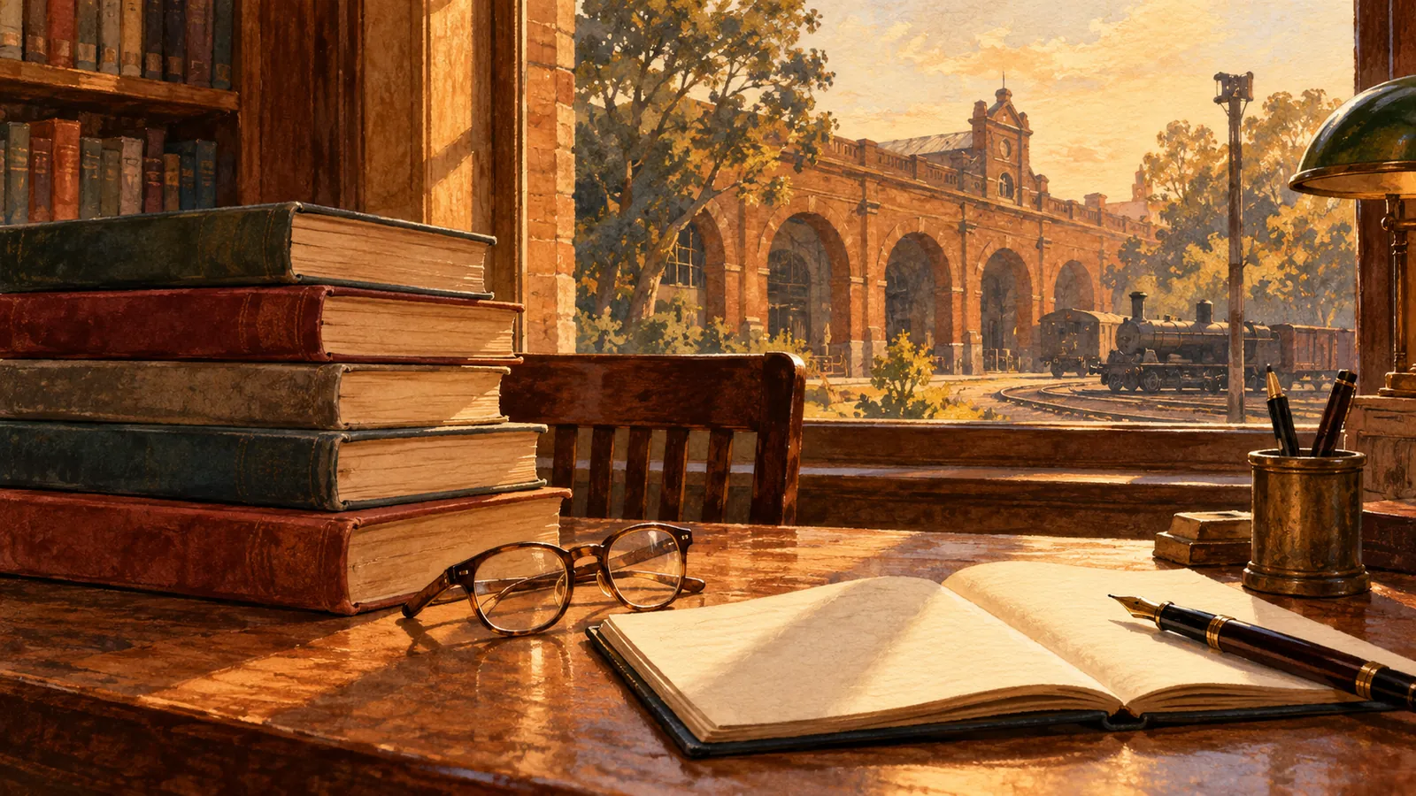 Libros sin títulos, anteojos y cuaderno sobre una mesa, con una escena ferroviaria ilustrada al fondo