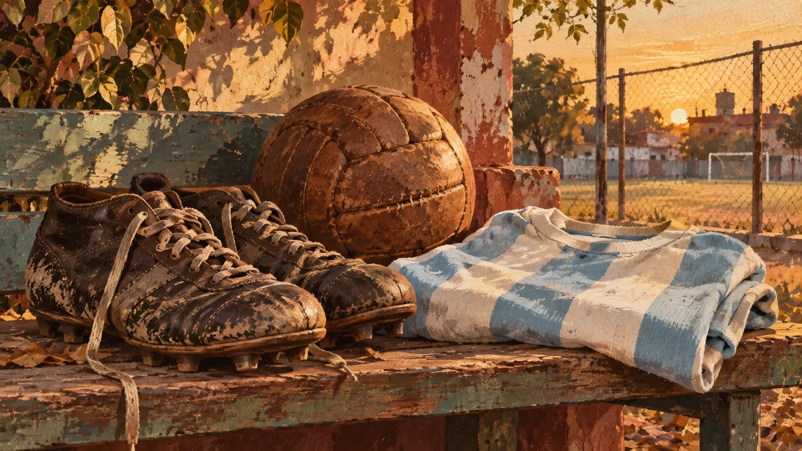 Botines, pelota de cuero y camiseta celeste y blanca sobre un banco.