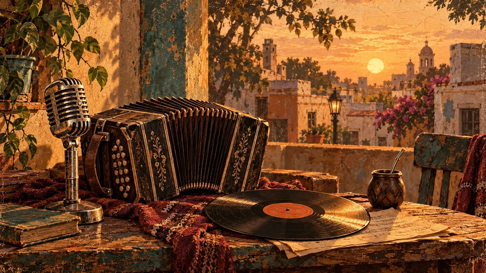 Micrófono, disco de vinilo y bandoneón ante una escena urbana imaginaria, en tonos cálidos.
