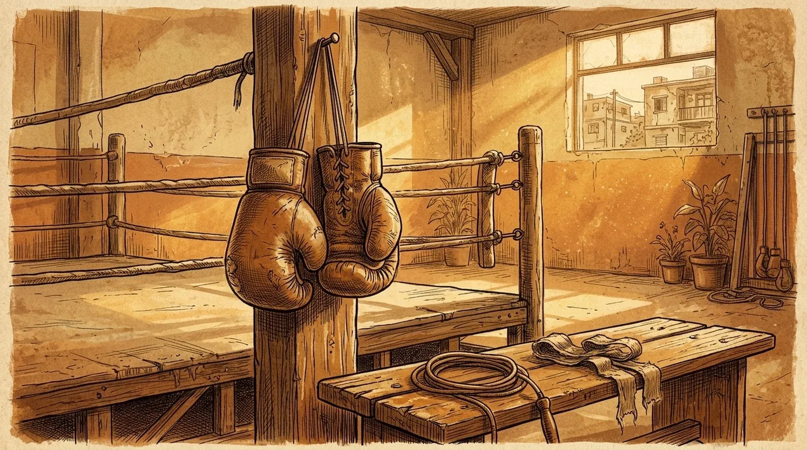 Guantes de boxeo vintage colgados en un rincón de entrenamiento barrial en Villa Diamante.