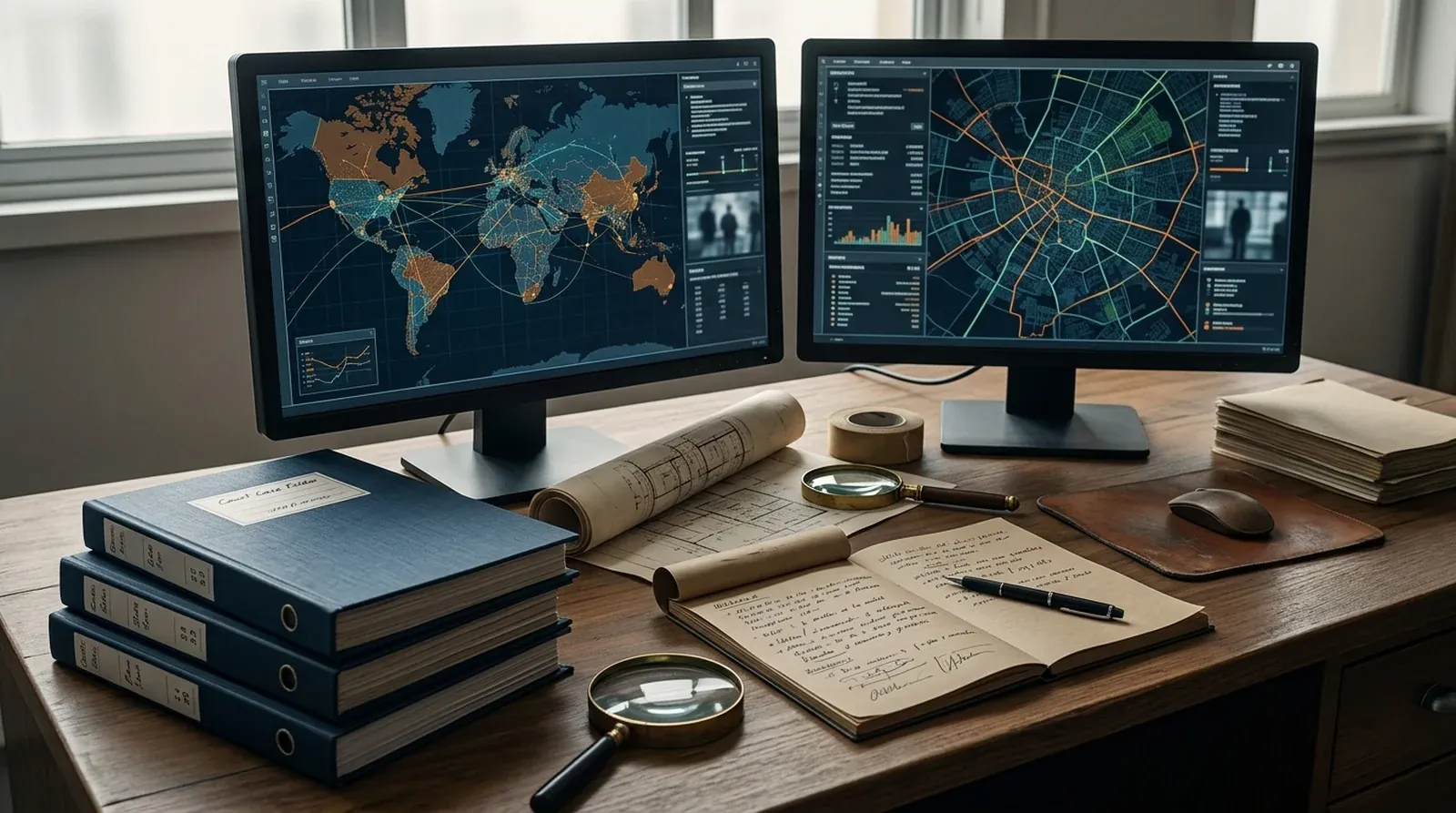 Escritorio de investigación policial con monitores digitales y expedientes en Lanús.