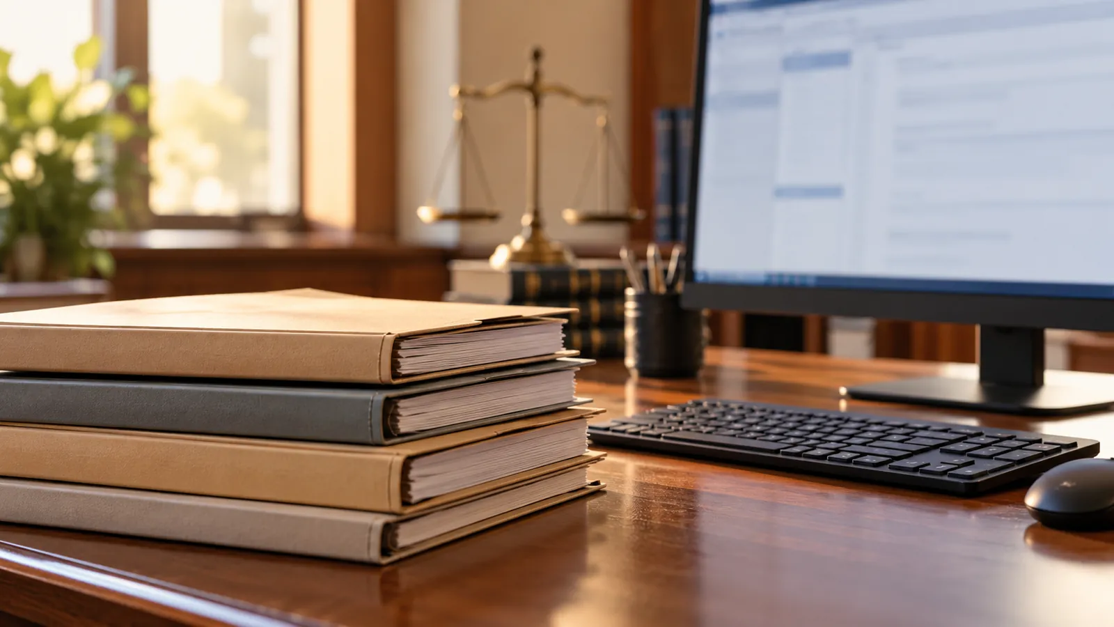 Carpetas cerradas y teclado en un escritorio judicial genérico, sin datos personales.