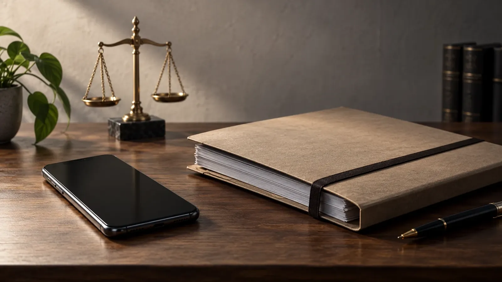 Teléfono y carpeta cerrada en una composición conceptual sobre acceso a la justicia.