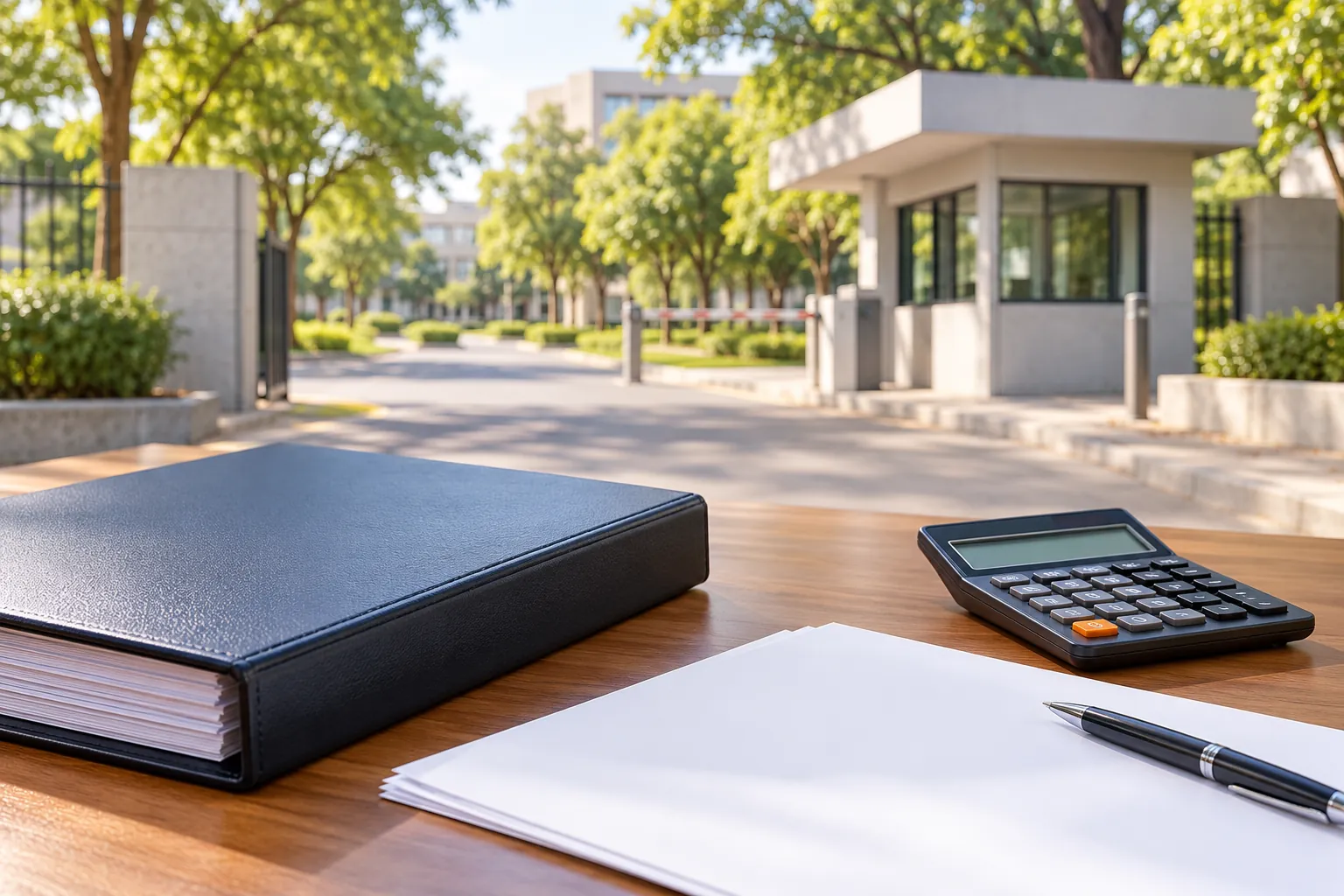 Carpeta, calculadora y papeles en blanco sobre un escritorio con acceso universitario genérico al fondo.