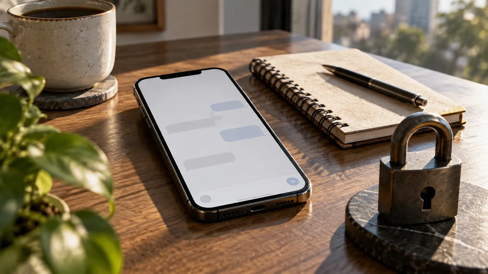 Teléfono, cuaderno y candado sobre una mesa.