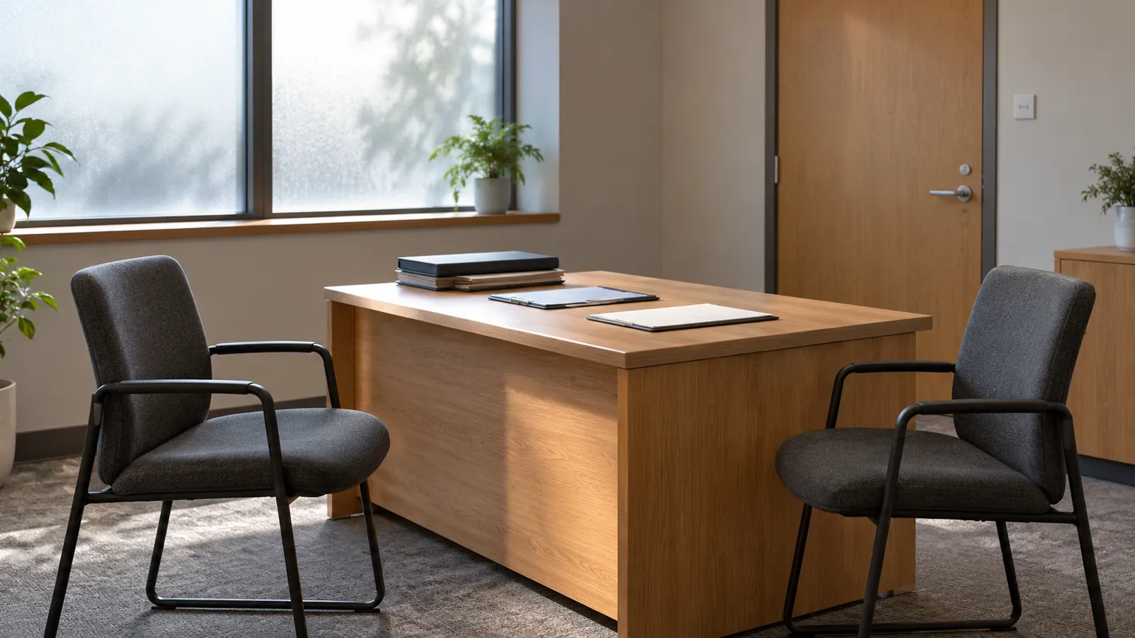 Dos sillas vacías y un escritorio con carpetas en una sala de consulta judicial genérica.