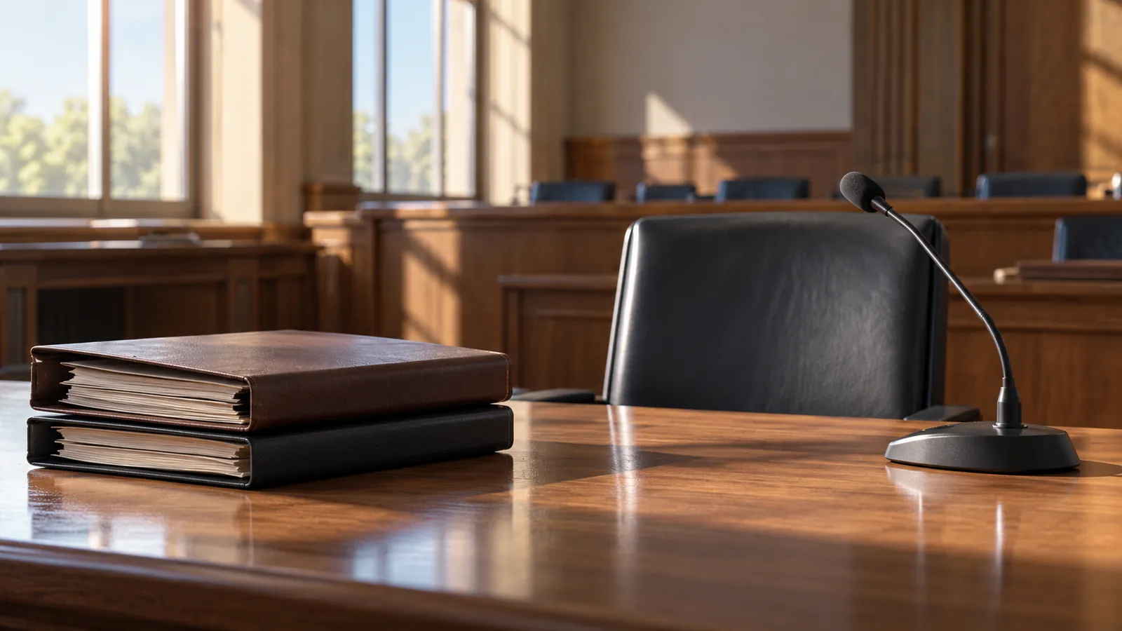 Carpetas cerradas, una silla vacía y un micrófono de mesa en una sala judicial.