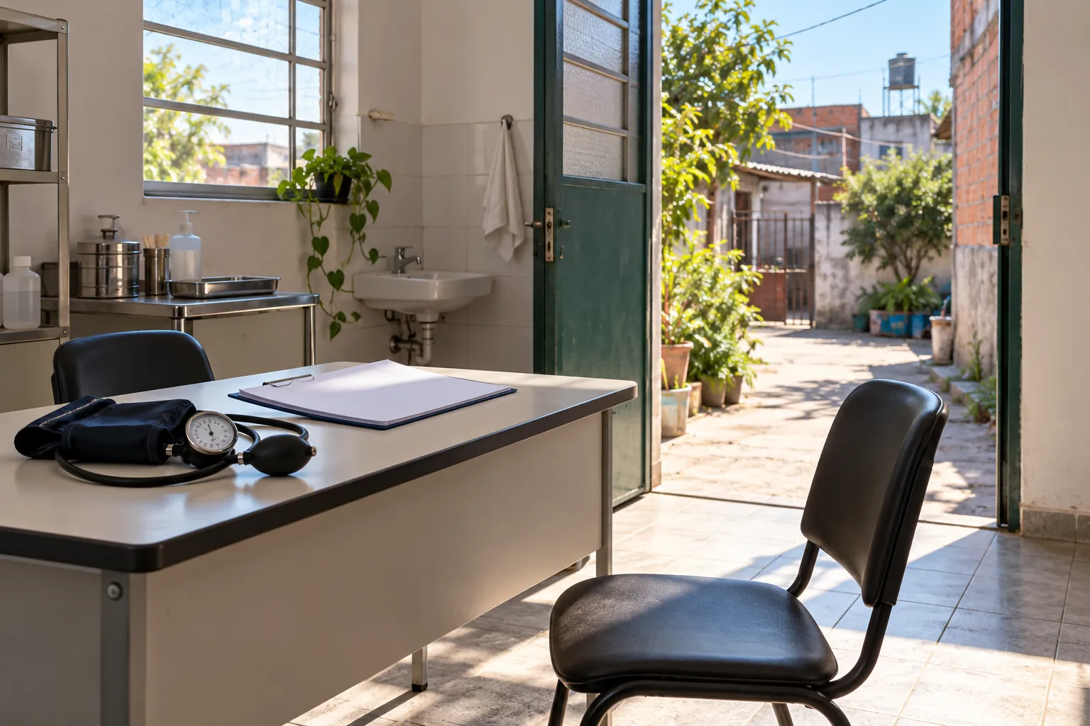 Escritorio con tensiómetro, carpeta y silla en un espacio sanitario genérico abierto hacia un patio.