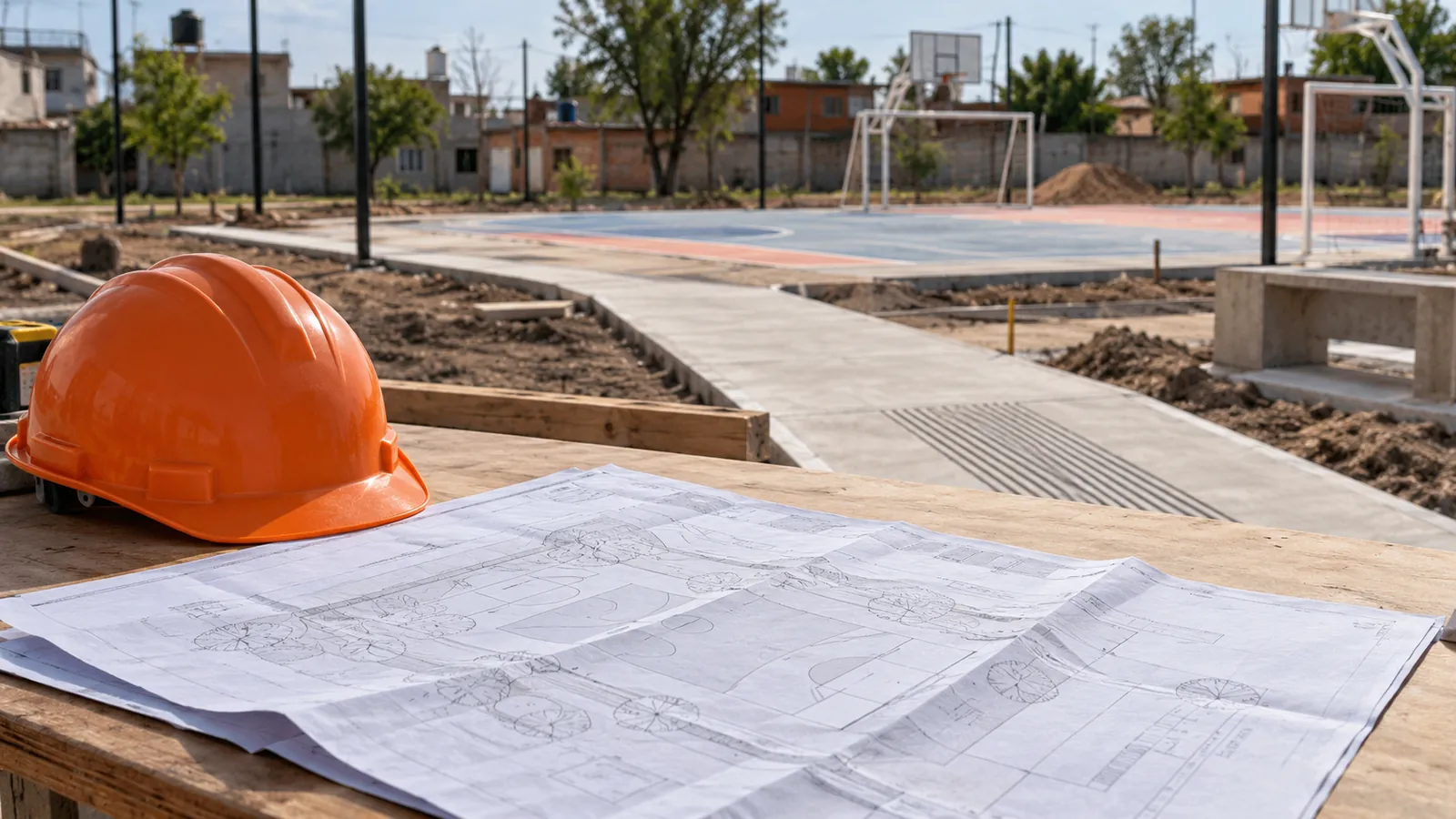 Casco naranja y planos sobre una mesa delante de una cancha genérica en construcción.