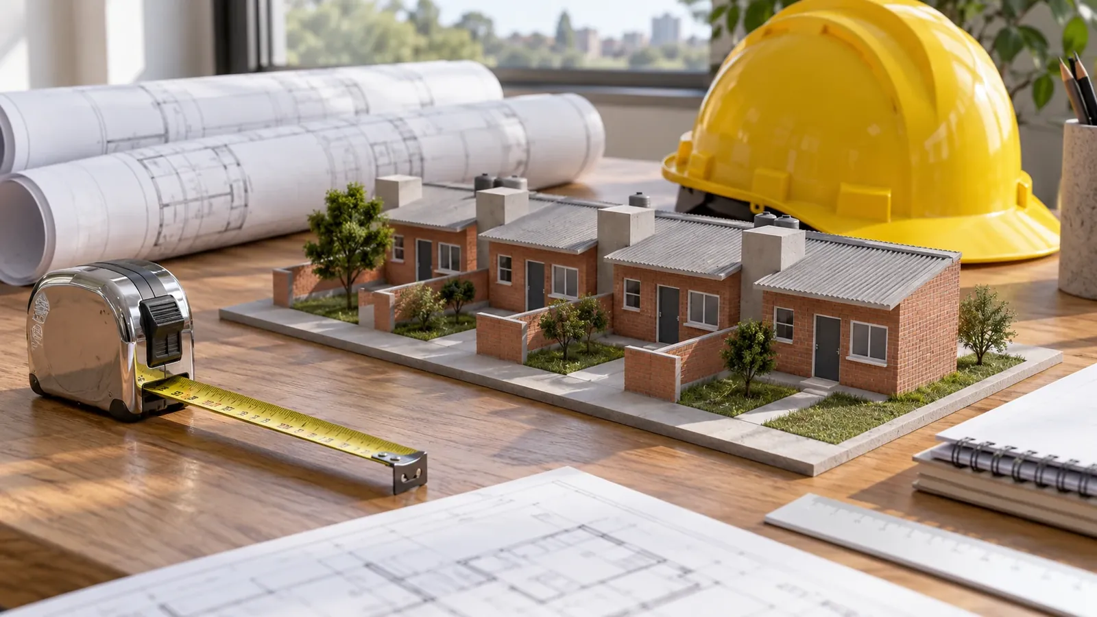 Maqueta de viviendas, casco amarillo y planos sobre una mesa.
