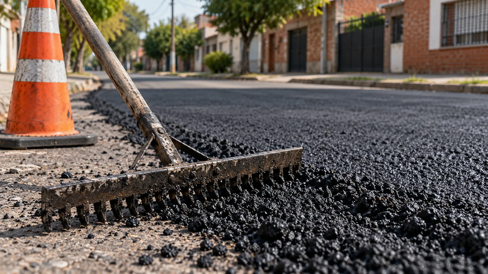 Herramienta de pavimentación y cono naranja junto a asfalto en una calle genérica.