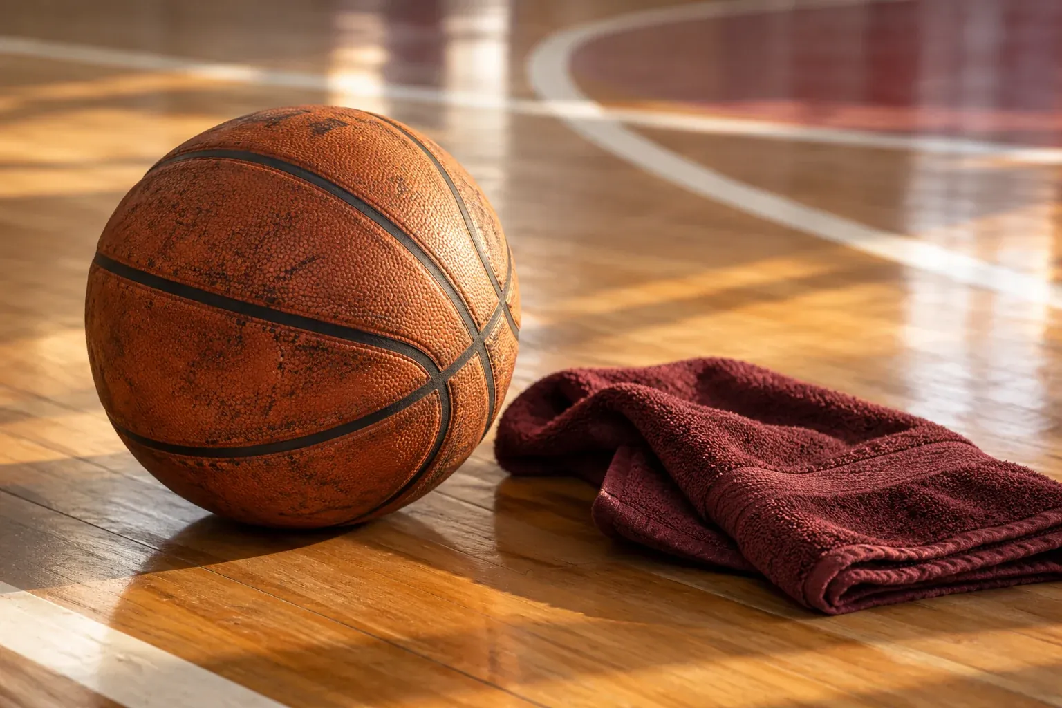 Pelota de básquet y toalla granate sobre un piso de madera.