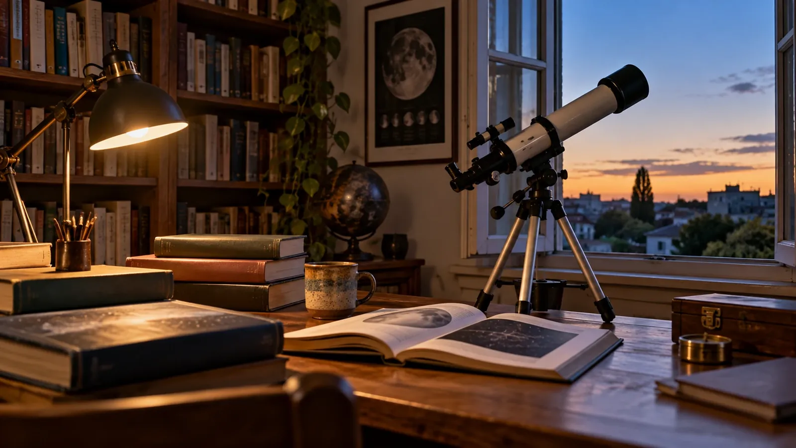 Libros y telescopio junto a una ventana al atardecer.