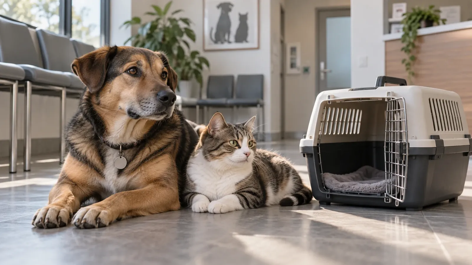 Perro y gato junto a una transportadora en una sala de espera.