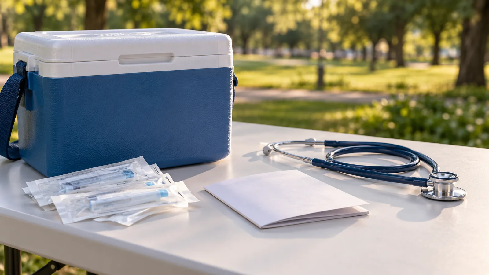 Conservadora cerrada, sobres de material sanitario y estetoscopio sobre una mesa en un parque genérico.