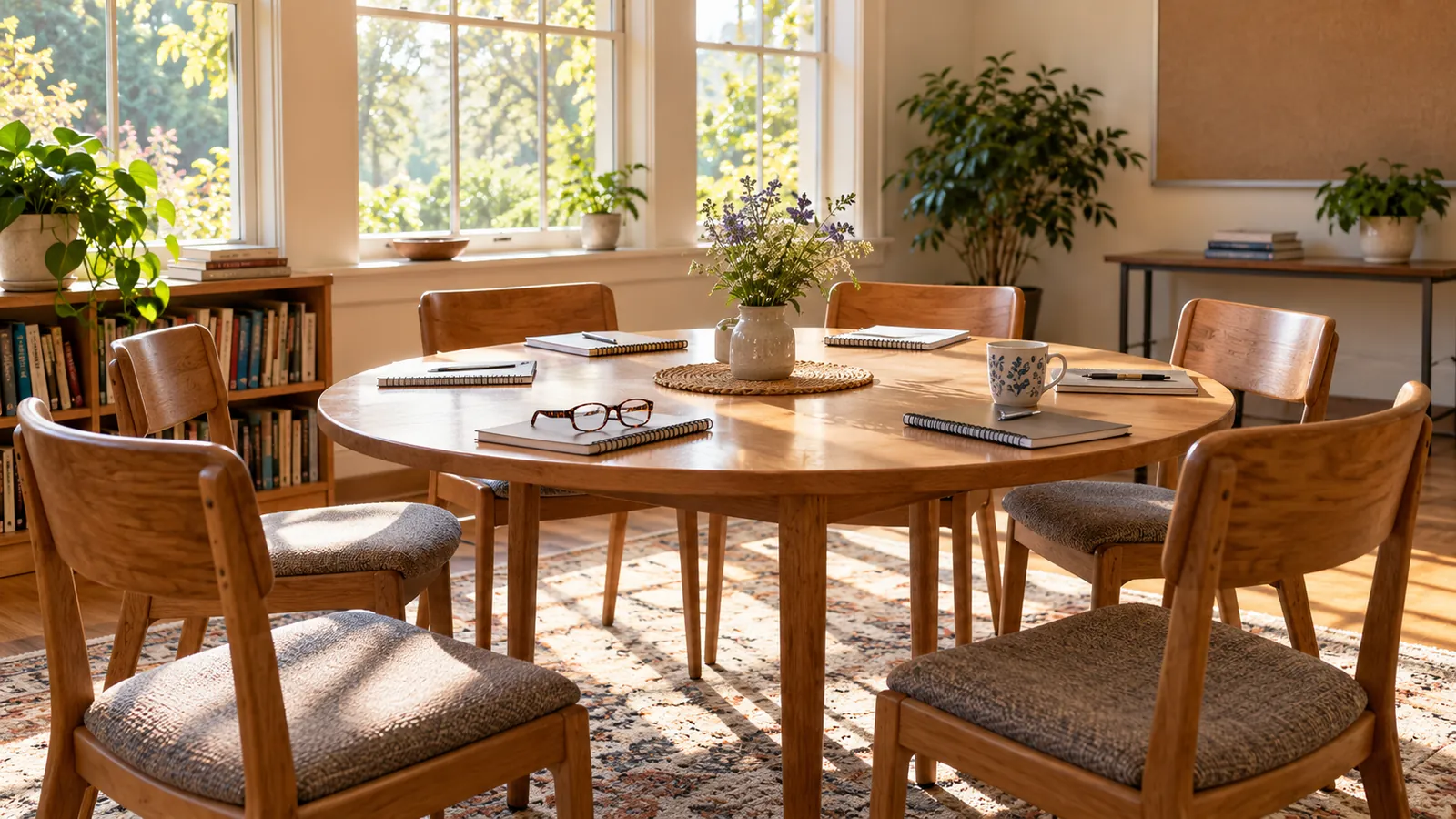 Sillas vacías alrededor de una mesa con cuadernos.