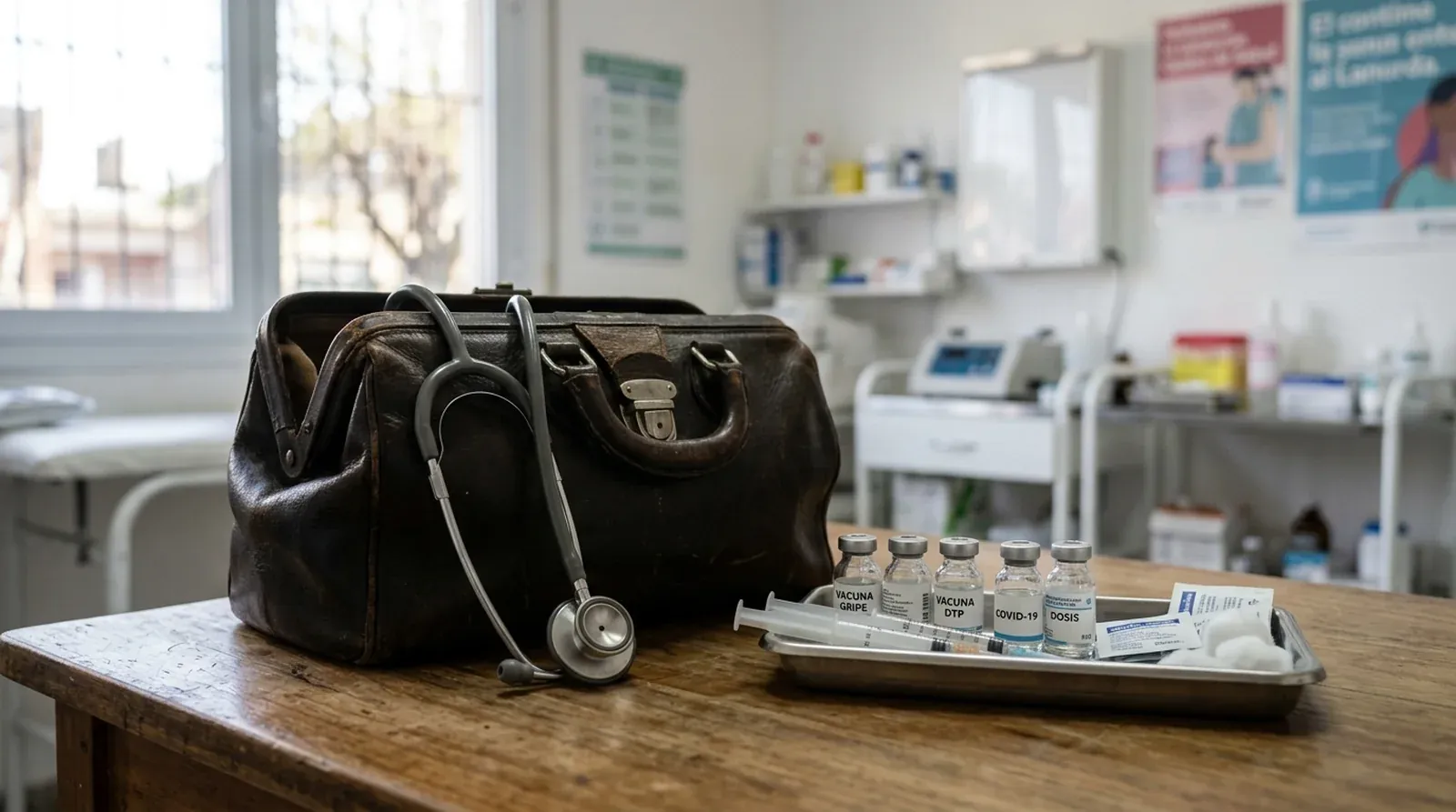 Maletín médico, estetoscopio y ampollas en operativo sanitario barrial de Lanús.