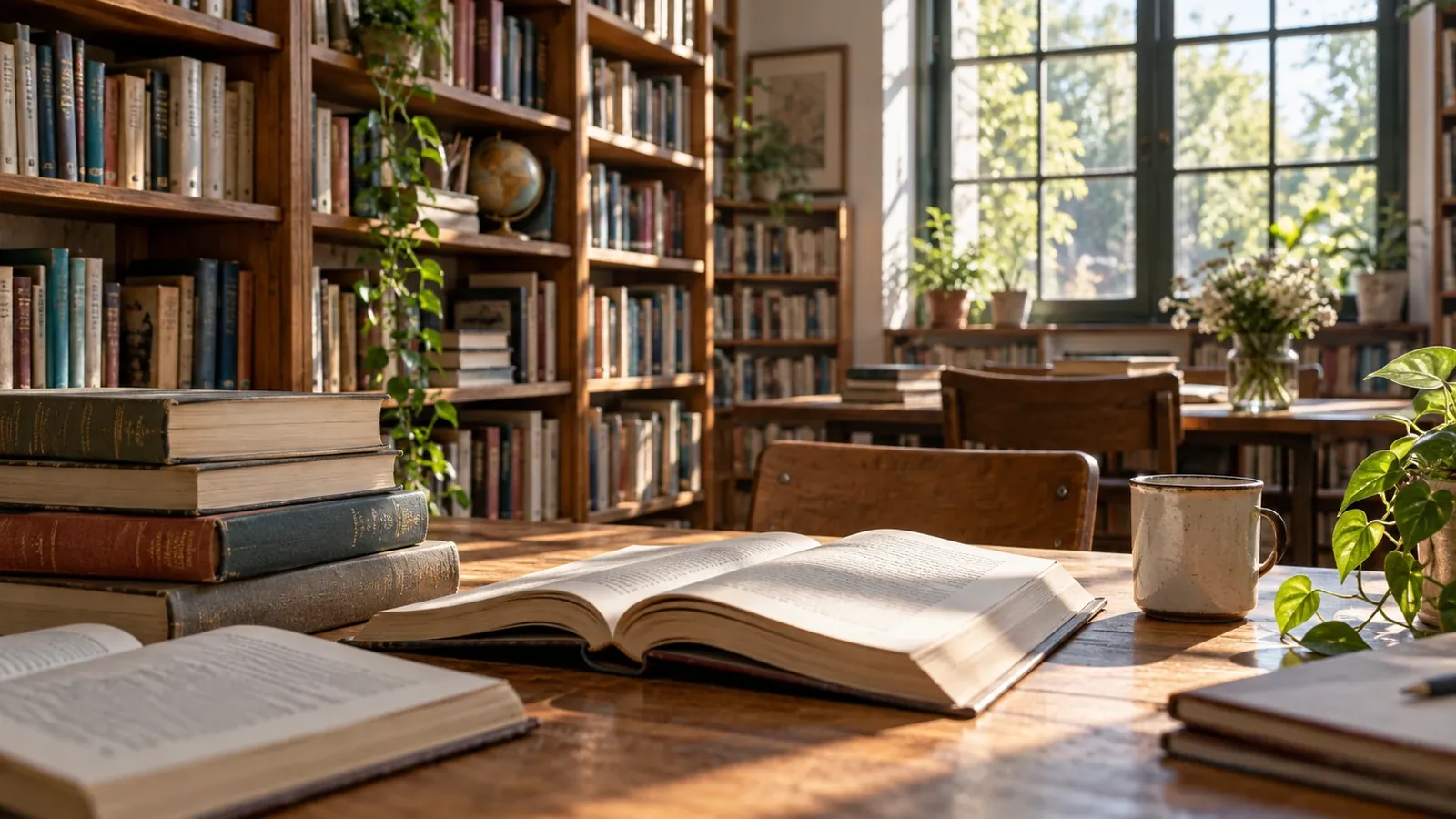 Libro abierto sobre una mesa junto a estanterías en una biblioteca imaginaria.
