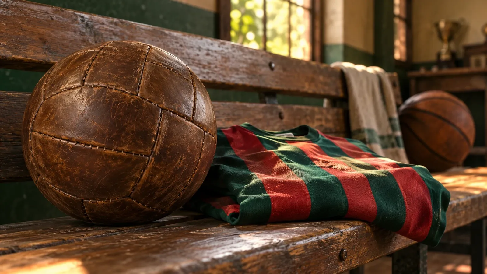 Pelota antigua de cuero, camiseta verde y roja y balón de básquet sobre un banco.