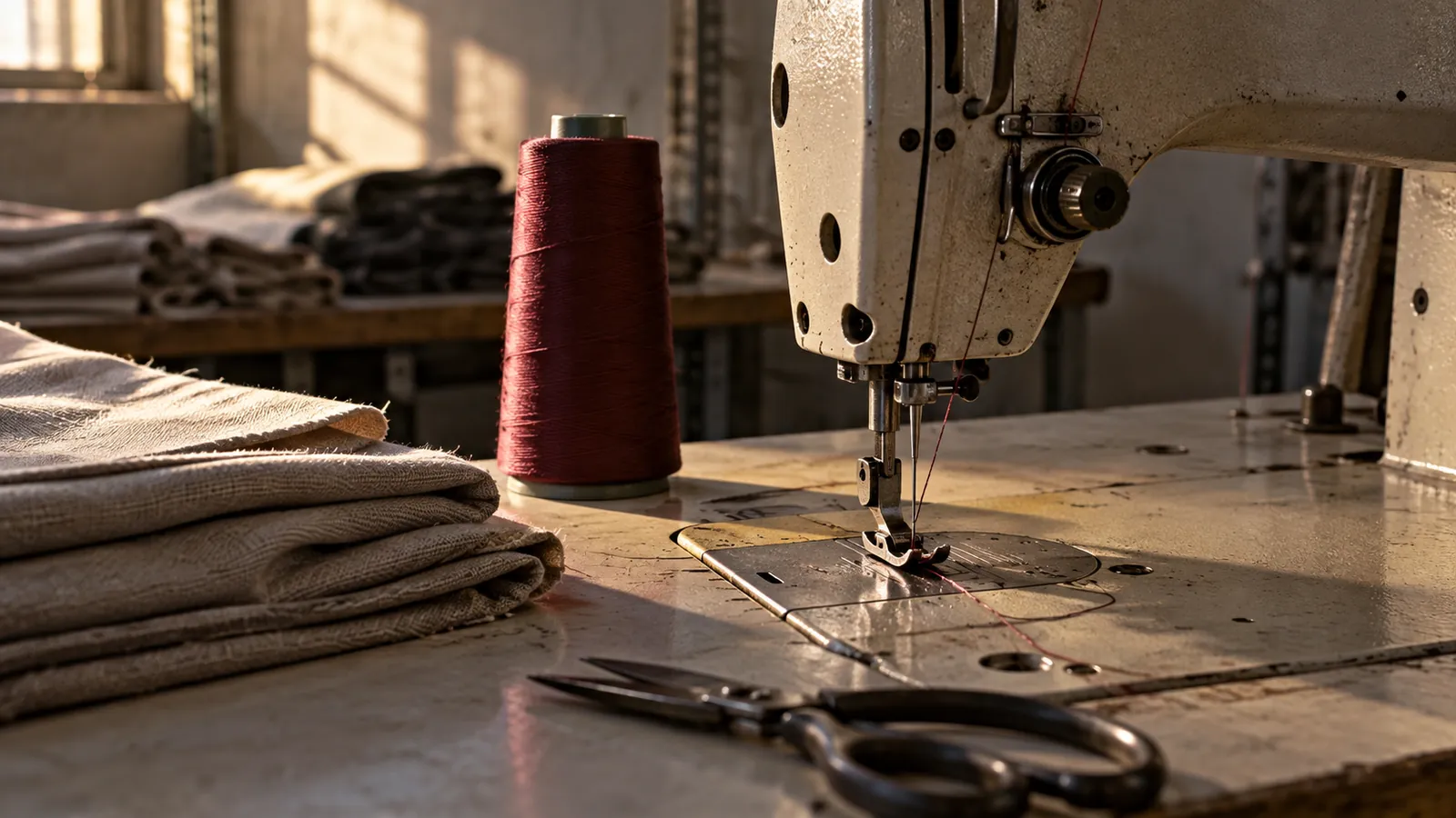 Máquina de coser con un carrete de hilo granate y telas sobre una mesa.