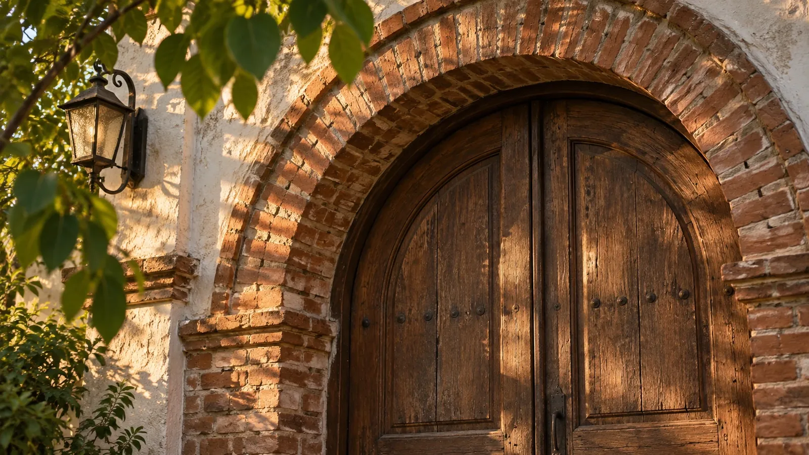 Puerta de madera bajo un arco de ladrillos con luz de tarde.