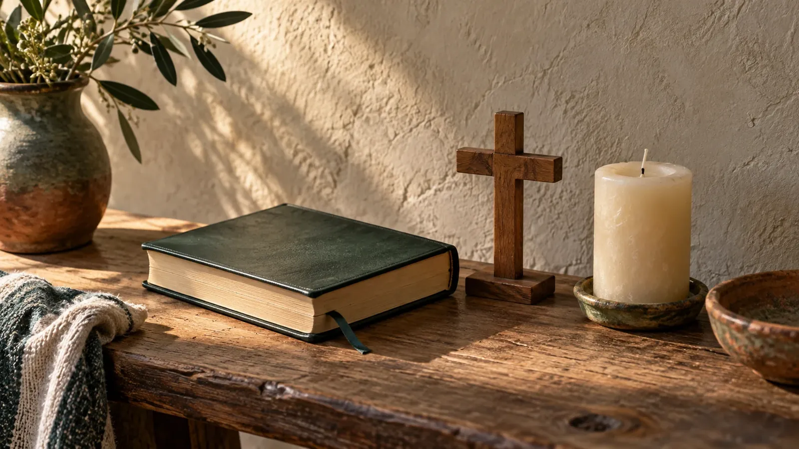 Libro cerrado, cruz de madera y vela sin encender sobre una mesa iluminada por el sol.